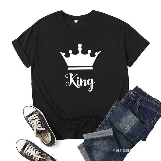 King Queen Crown Print Couple T Shirt Short Sleeve O Neck Wo Women Clothing Graphic T Shirts