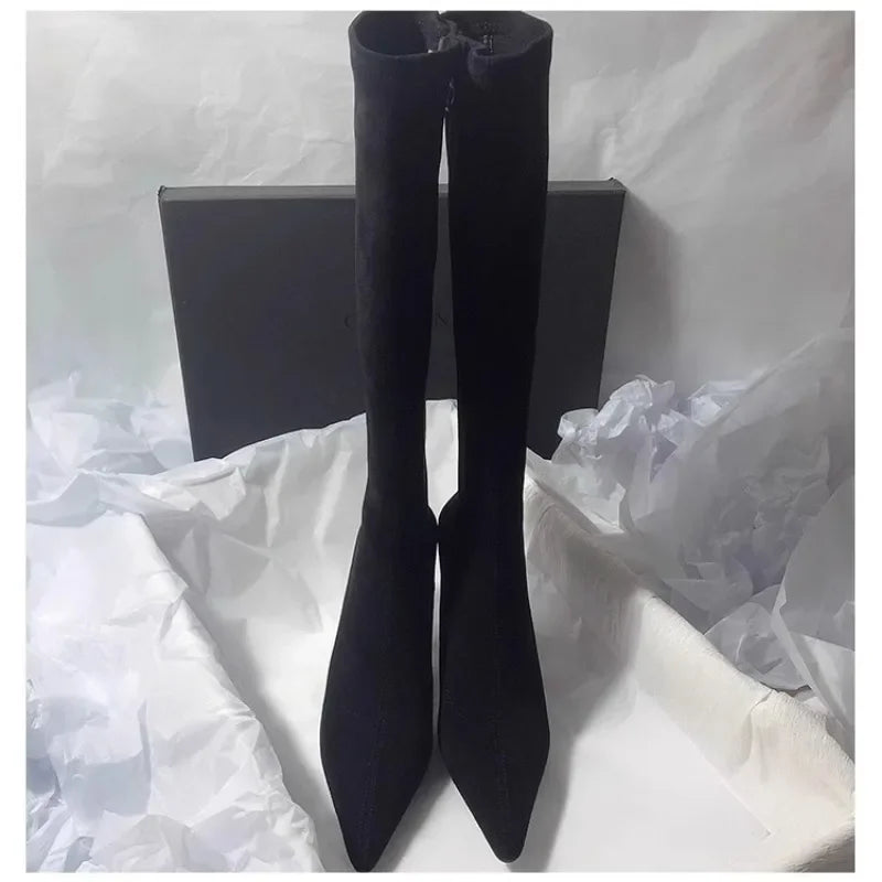 Pointed Toe Knee-High Boot Sexy Thigh High Boots Womens Side Zipper Suede Elastic High Heels Modern Shoe Zapatos De Mujer