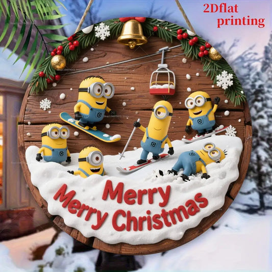 Christmas Minions Wooden Yard Sign Round Sign Creative Decorative Sign Suitable For Home Garden Terrace Snow House Decoration