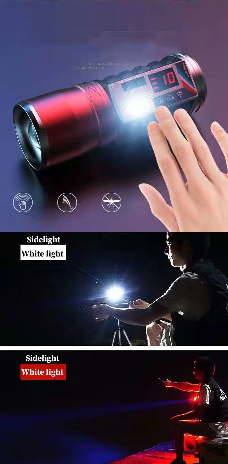 Super Bright Night Fishing Flashlight USB Rechargeable Searchlight Bait Purple Blue Handlamp 5 Light Source with Bracket