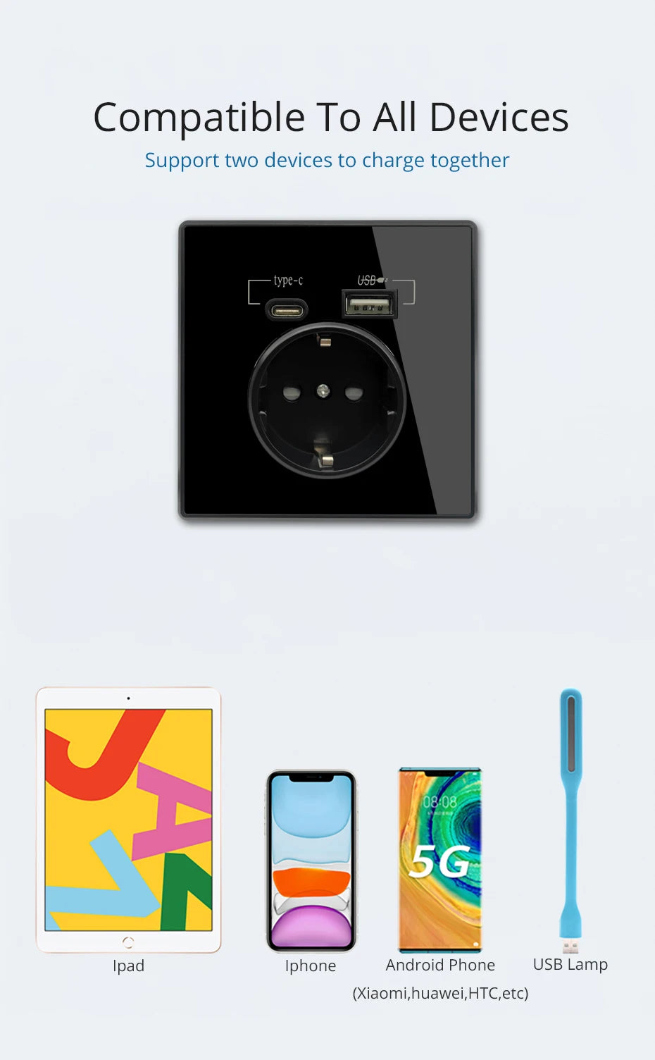 Type-C A Interface Outlet Acrylic Mirror Crystal Panel Black Wall EU Russia Spain French Socket With USB Charge 5V 2100mA Holder