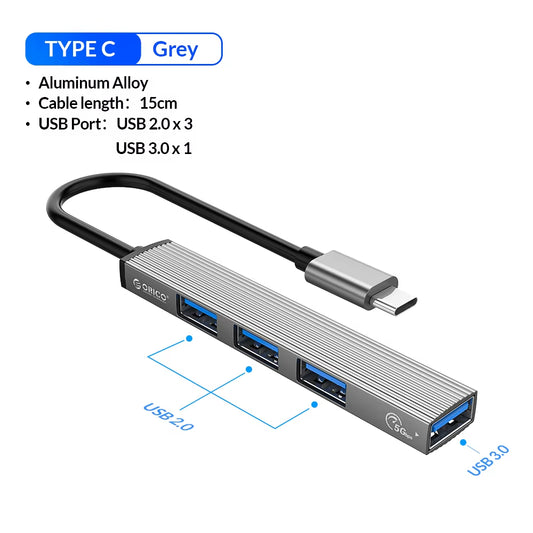 Aluminum Type C HUB 4 Port USB 3.0 2.0 Ultra Slim Portable Splitter Card Reader Adapter Station for Computer Accessories