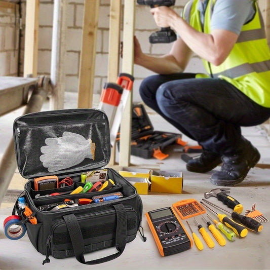 Heavy-duty 14-inch tactical tool bag with scratch-resistant bottom, durable black work case suitable for electricians, maintenance personnel, and craftsmen - essential multi-compartment tool storage pouch
