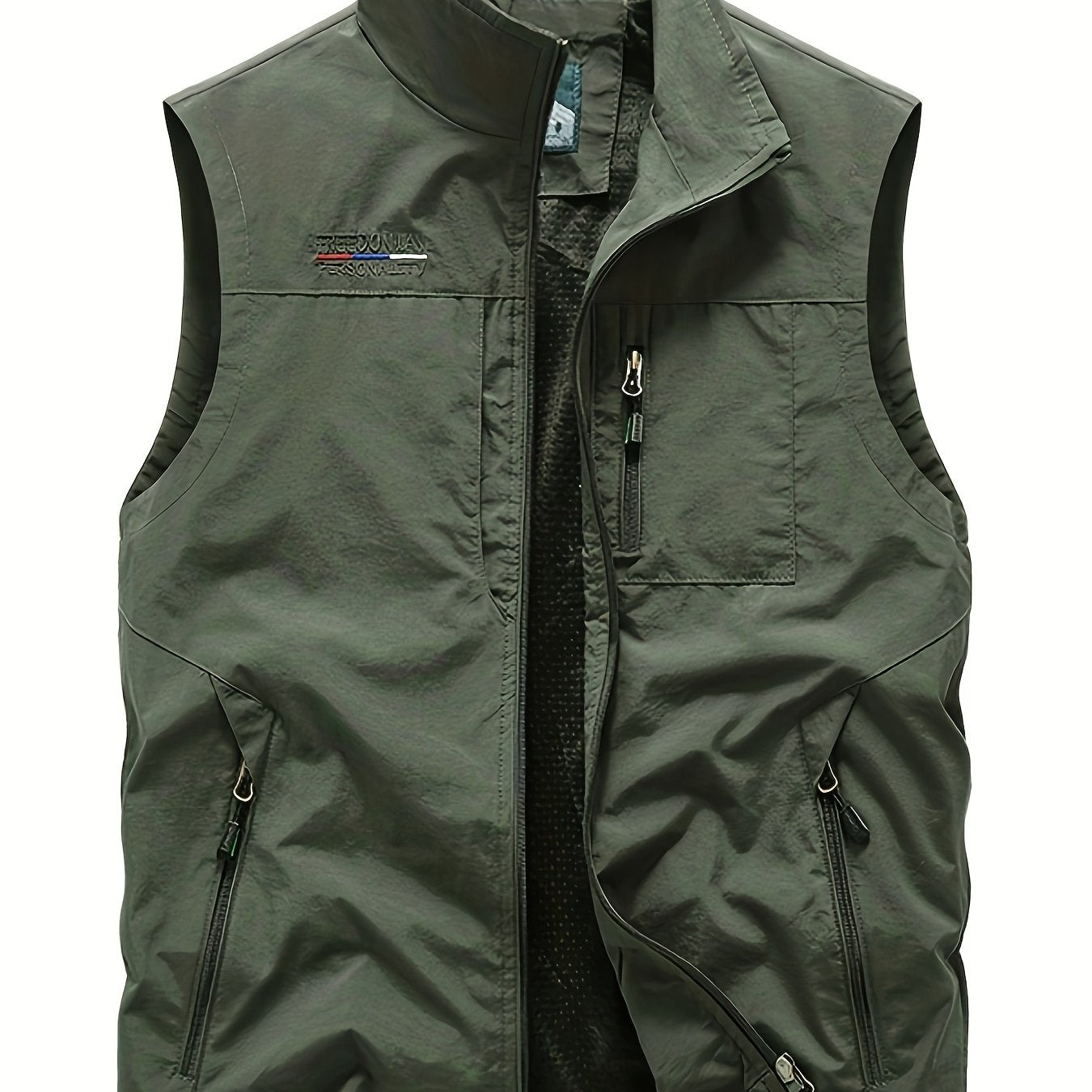 Zipper Pockets Cargo Vest, Men's Casual Outwear Stand Collar Zip Up Vest For Spring Summer Outdoor Fishing Photography