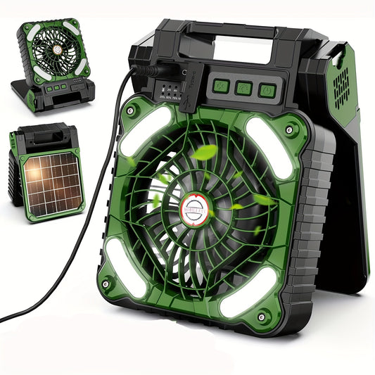 Solar Powered Camping Fan With LED Lantern, 4 Speeds Powerful Wind Rechargeable Battery Operated Portable Fan, 90° Folding Desk Fan With Timer Power Bank For Outdoor Travel Tent Personal Fan