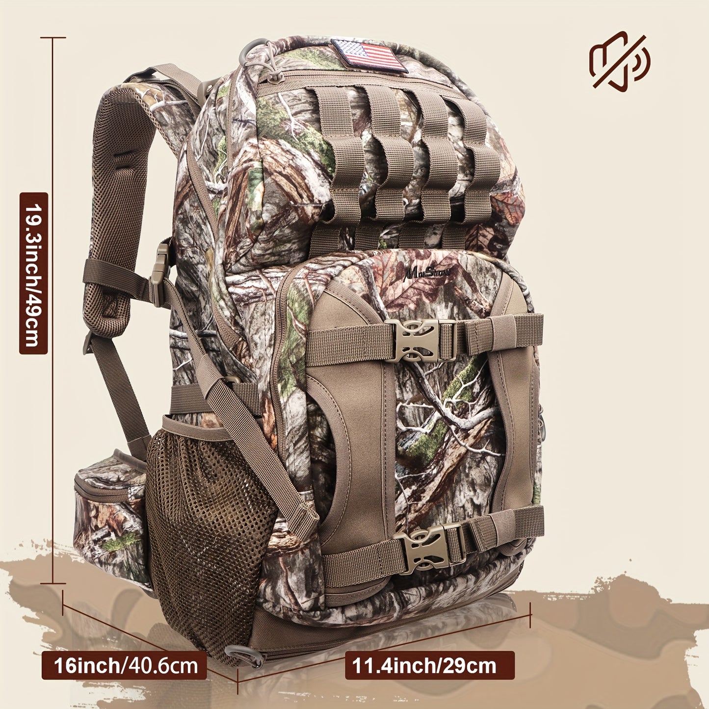 Moishow Hunting Backpack, Camo Hunting Backpacks for Men, Silent Hunting Pack with Bow & Rifle Holder, Hunting Day Pack for Rifle Bow Gun, Hunting Bag