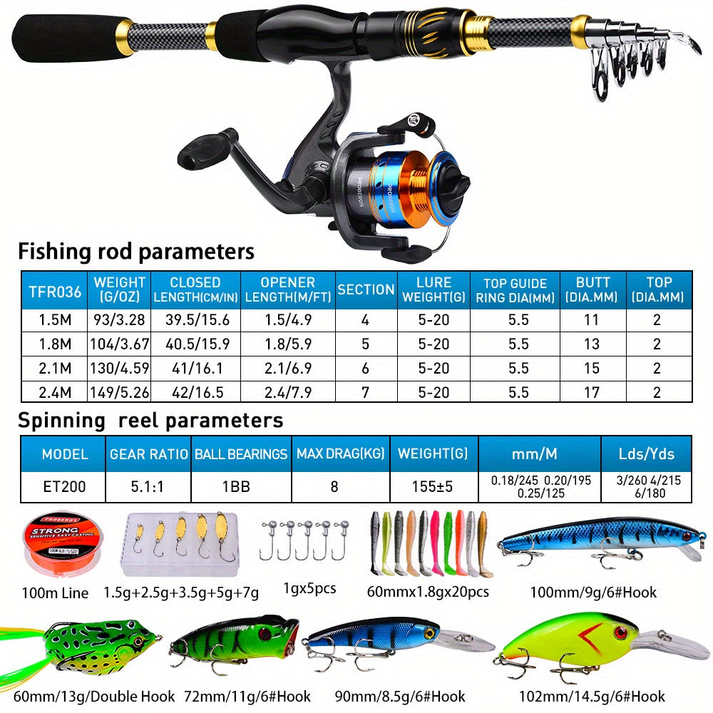 PROBEROS Complete Fishing Kit: 149.35cm-240.79cm Lightweight Glass Steel Spinning Rod & Reel Combo, Colorful Lures, Sinkers, Hooks with Camo Storage Bag - Perfect for Freshwater & Saltwater, Fishing Hooks