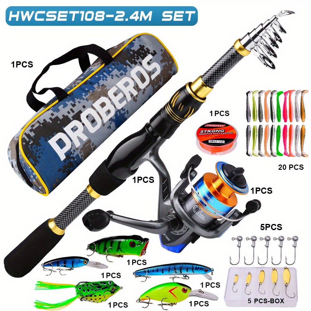 PROBEROS Complete Fishing Kit: 149.35cm-240.79cm Lightweight Glass Steel Spinning Rod & Reel Combo, Colorful Lures, Sinkers, Hooks with Camo Storage Bag - Perfect for Freshwater & Saltwater, Fishing Hooks