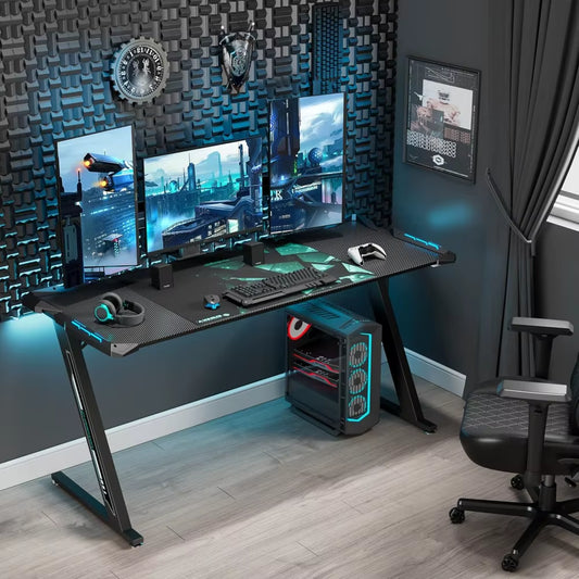 Z-Shaped Gaming Desk 60-Inch, RGB LED Computer Desk with Built-In Mouse Pad, Ergonomic PC Gaming Table